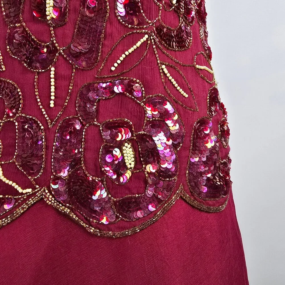 Vintage Silk Burgundy Beaded Sequined Midi Dress Size M - Picture 4 of 9